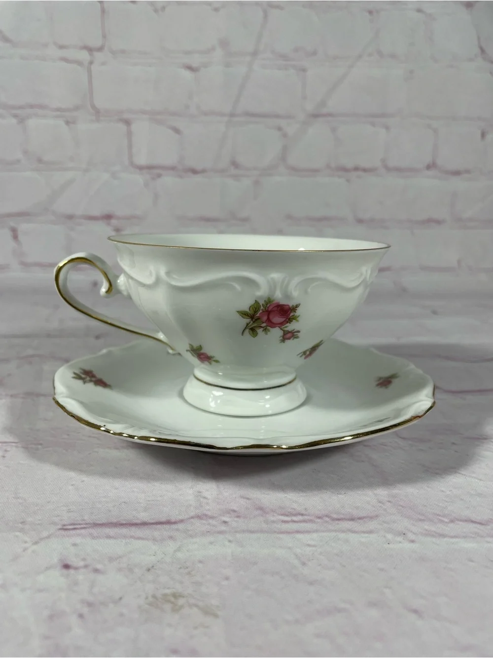 Vintage Bavaria Western Germany Rose Floral Footed Teacup and Saucer Set